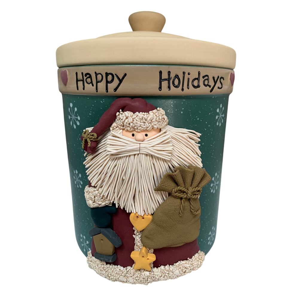 New Stoneware Christmas Santa Clause Cookie Jar In Box Country Farmhouse
